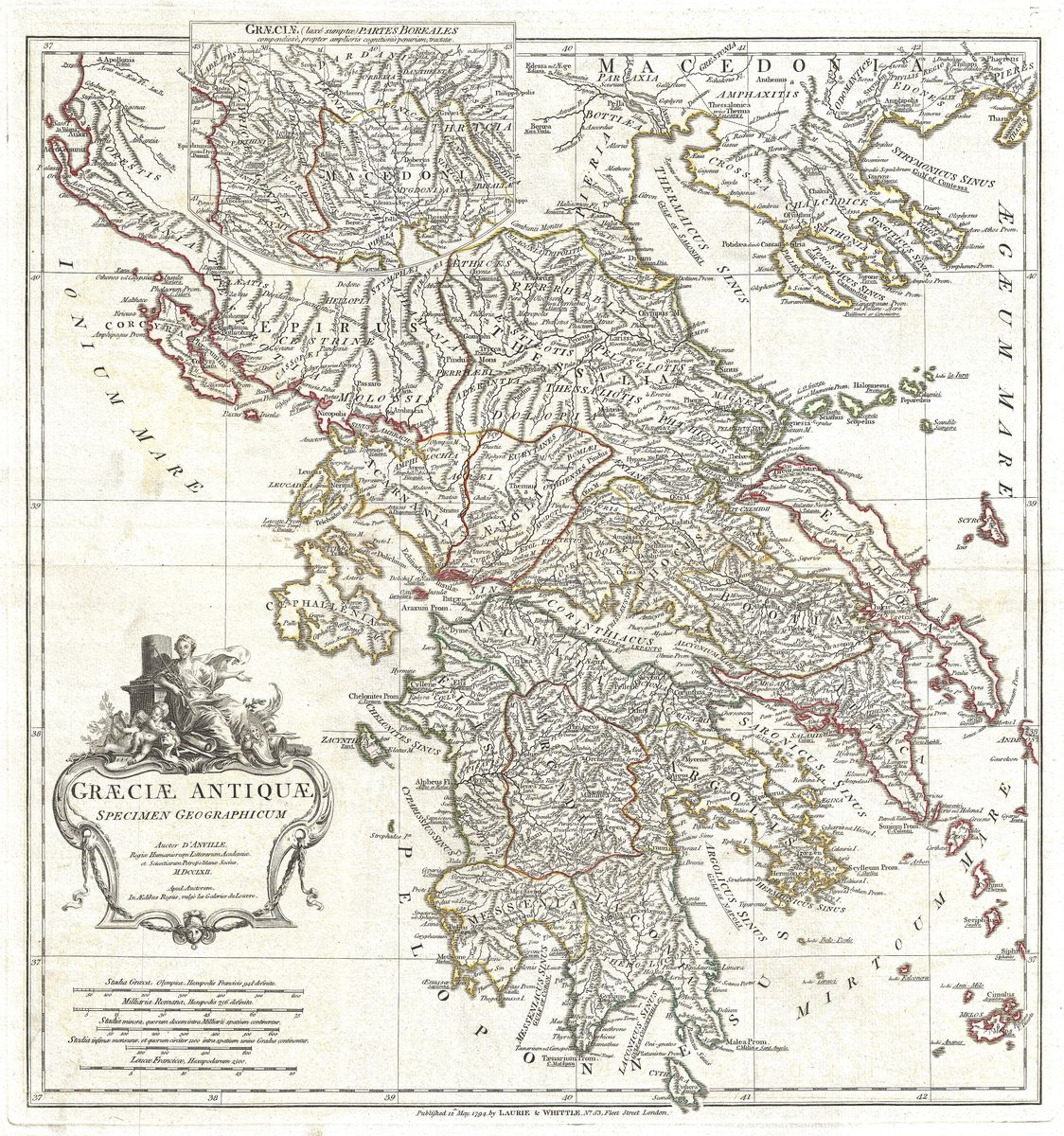 Antique map of Ancient Greece by Jean-Baptiste Bourguignon d'Anville, 1794
