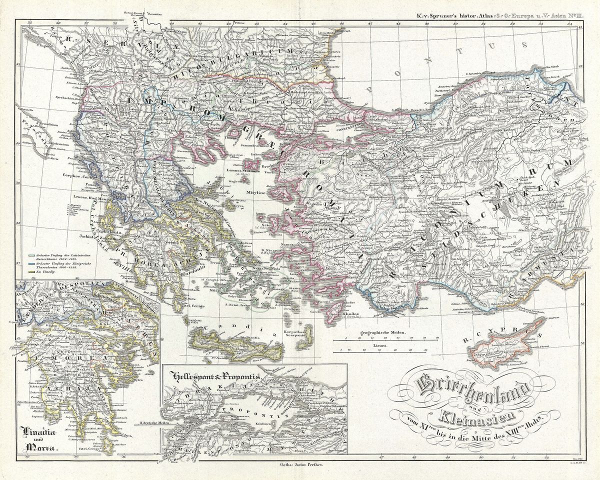 Antique map of Greece and Asia Minor (Byzantine) by Karl von Spruner, 1854