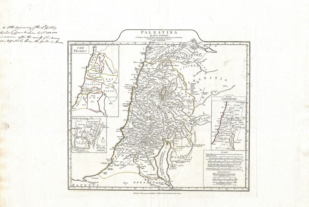 Antique map of Israel and Palestine by Jean-Baptiste Bourguignon d'Anville, 1794
