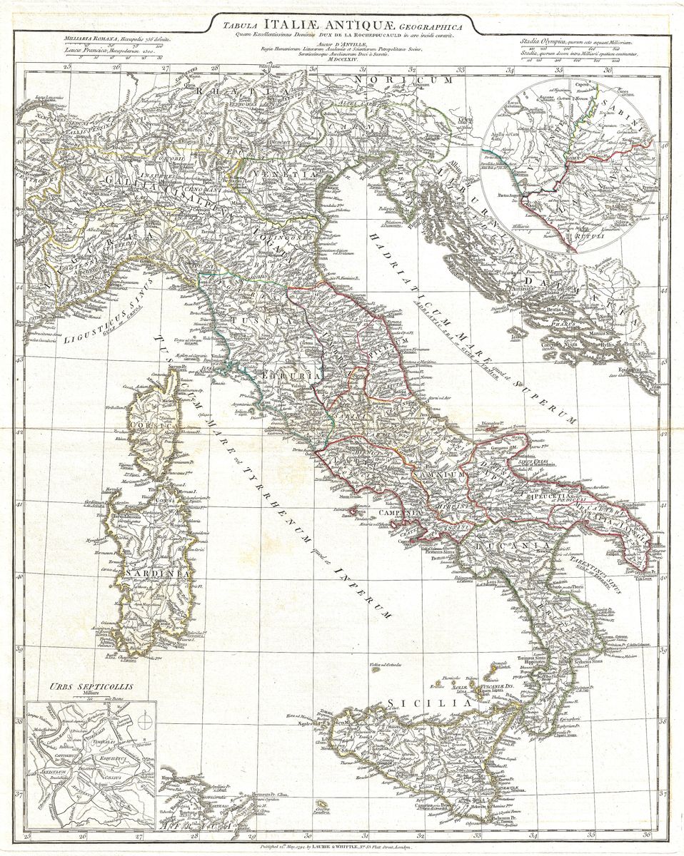Antique map of Ancient Italy by Jean-Baptiste Bourguignon d'Anville, 1764