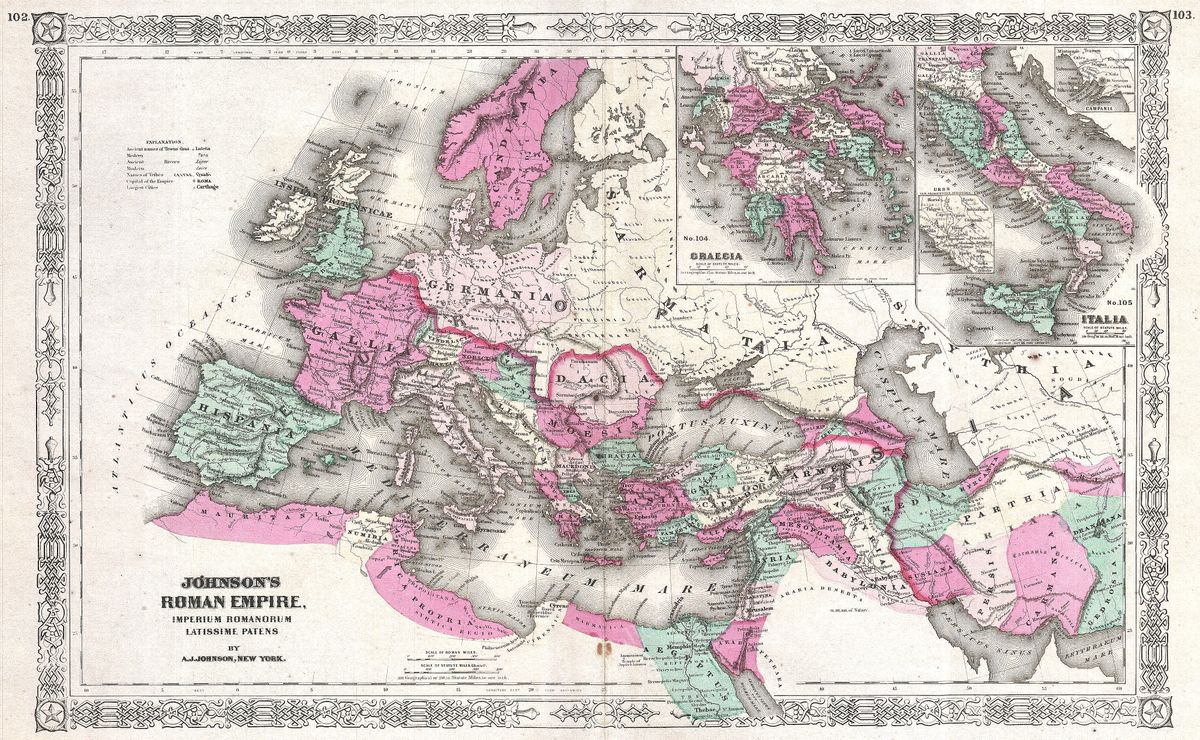 Antique map of The Roman Empire (Johnson) by Alvin Jewett Johnson, 1864