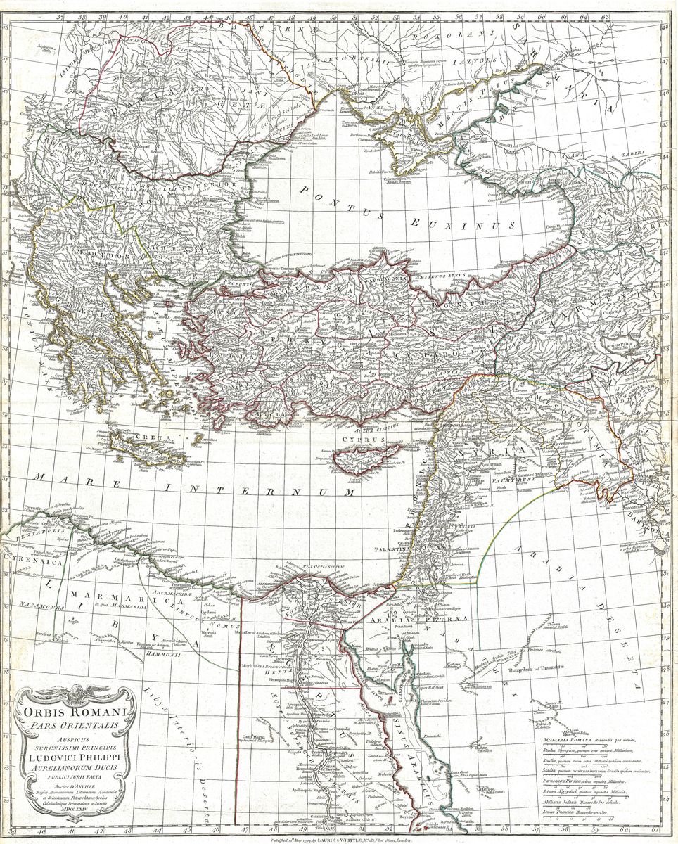 Antique map of Eastern Roman Empire by Jean-Baptiste Bourguignon d'Anville, 1794