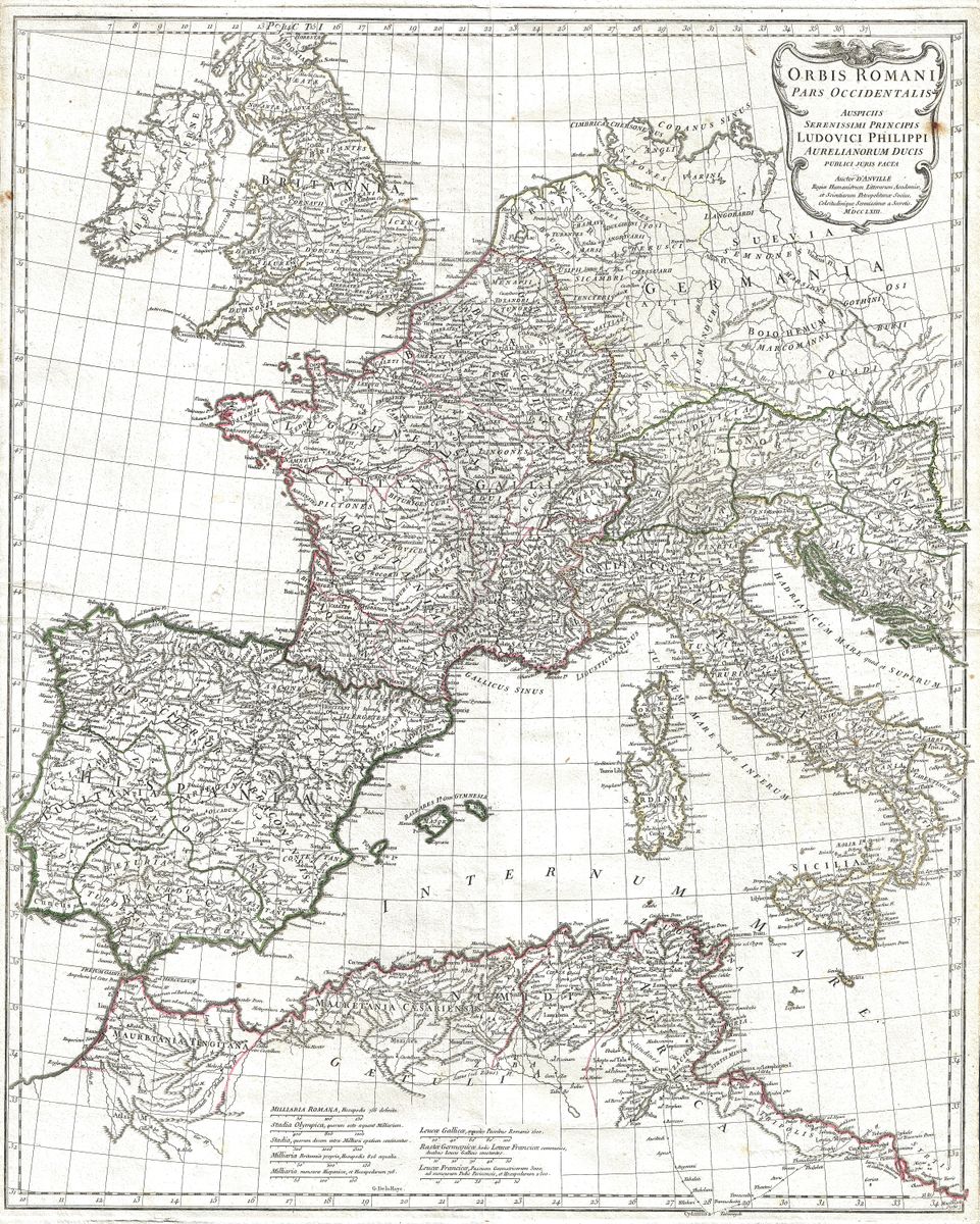 Antique map of Western Roman Empire by Jean-Baptiste Bourguignon d'Anville, 1763